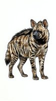 Striped hyena with tan and black markings standing in profile on white background, isolated clipart suitable for wildlife design, educational materials, and graphic projects.