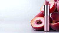 Pink metallic lipstick with fresh cut plums and peaches on light background, cosmetic product photography for beauty and makeup advertising campaigns.