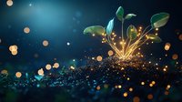 Young green plant sprout growing from soil with magical glowing sparkles and light orbs against dark blue background, nature awakening concept.