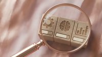 Business analytics dashboard under magnifying glass with charts and graphs for data analysis and financial reporting in warm sepia tones.