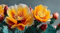 Vibrant orange prickly pear cactus flowers in full bloom against turquoise stems, showcasing delicate petals and golden stamens in desert botanical setting.