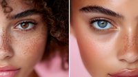 Close-up portraits showing diverse female faces with freckles and natural beauty features, highlighting skin texture, eyes, and facial details in soft lighting.