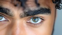 Close-up of intense green eyes with thick dark eyebrows against warm brown skin tone, showcasing natural beauty and expression.