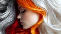 Side profile of young woman with vibrant multicolored hair in white, orange, and red tones flowing in artistic waves against dark background, eyes closed in serene expression.