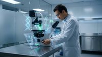 Male scientist in white lab coat working with advanced microscope and holographic DNA molecular structures in modern laboratory for research and analysis.