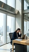 Stressed businesswoman holding head while working on laptop in modern office with city skyline view through floor-to-ceiling windows.
