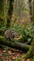 Curious raccoon standing on moss-covered fallen log in lush autumn forest with ferns and colorful foliage creating natural woodland habitat scene.