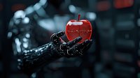 Robotic hand holding bright red apple against dark background, showcasing advanced technology and artificial intelligence in modern robotics.