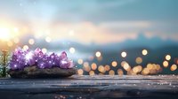 Raw amethyst crystals on wooden surface against blurred sunset sky and bokeh lights, creating magical atmospheric scene with purple gemstones and golden glow.