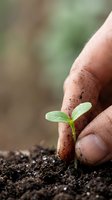 Protective hands nurturing young green seedling sprouting from rich dark soil. Growth, care, environmental protection and new life concept.