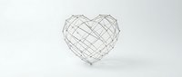 Wireframe heart shape made of intersecting metal lines on white background, minimalist geometric love symbol for modern design projects.