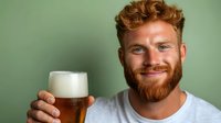 Cheerful redhead man with full beard holding glass of craft beer with foam head, wearing white t-shirt against green background, genuine smile expression.
