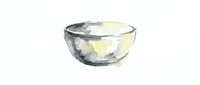 Watercolor painting of a clear glass bowl with soft yellow and gray tones, isolated on white background for design and culinary projects.