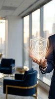 Businessman in dark suit holding glowing shield with padlock icon, symbolizing cybersecurity and data protection in modern office with city skyline view.