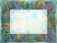 Decorative nature frame with colorful autumn trees and leaves surrounding blank space for text or design elements on textured background.