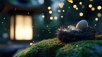 Bird nest with white egg on mossy ground illuminated by warm bokeh lights and glowing lantern creating magical forest atmosphere at dusk.