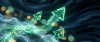 Glowing green upward arrows with financial data streams and bokeh lights on dark background, representing growth, success, and rising market trends for business analytics.
