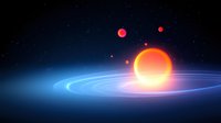 Glowing orange sun with orbiting planets in deep space, cosmic light trails creating luminous rings against starry background. Suitable for astronomy projects.