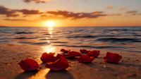 Red rose petals scattered on wet sandy beach at golden sunset with ocean waves and dramatic sky, creating romantic atmosphere for Valentine's day or wedding proposal.