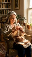 Senior woman with long gray hair and Caucasian ethnicity knitting in a cozy home library, surrounded by bookshelves and potted plants near a sunlit window for relaxation and hobby concepts.