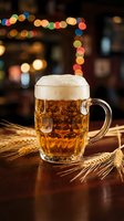 Fresh beer mug with foam on wooden table surrounded by wheat ears in cozy pub atmosphere with warm bokeh lights for restaurant and brewery concepts.