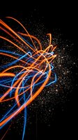 Dynamic energy burst with flowing orange and blue light trails creating explosive motion effect on black background for digital art projects.