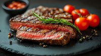Juicy grilled beef steak with rosemary, cherry tomatoes and peppercorns served on black slate plate. Medium rare meat with pink center and grill marks.