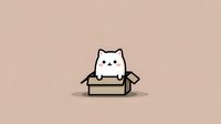 Cute white cartoon cat sitting in cardboard box on beige background, perfect for pet adoption, moving, or delivery concepts.