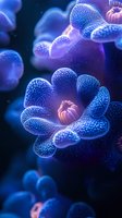 Luminescent deep sea coral polyps in vibrant blue and pink colors glowing against dark background, macro photography style visualization for marine biology studies.