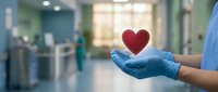 Medical professional in blue gloves holding a glowing red heart in a hospital, symbolizing healthcare, cardiology, and compassionate patient care.