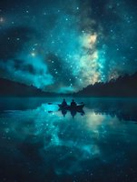 Magical nighttime scene with two people kayaking on a perfectly reflective lake under vibrant turquoise nebula and starry sky, perfect for fantasy book covers or inspirational media.