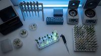 Modern laboratory workspace with scientific equipment, test tubes, petri dishes and research instruments for biotechnology experiments and analysis.