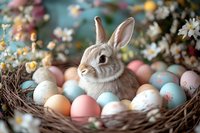 Adorable bunny sitting in woven nest surrounded by pastel painted Easter eggs and spring flowers against blurred turquoise background, festive holiday composition.