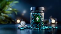 Medical capsules and pills in glass jar with green cross symbol on dark background with pressure gauge and blurred lights, pharmaceutical concept.