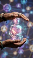 Hands holding glowing holographic human figure with neon pink and blue digital anatomy visualization, neural network connections, and circuit board patterns for healthcare technology and artificial intelligence concepts.