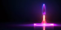 Glowing neon rocket launch with purple and pink light effects on dark background, futuristic minimal composition with reflection on surface.