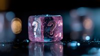 Translucent pink dice with question marks floating in cosmic space with glittering particles and bokeh lights creating mystical gaming atmosphere.