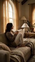 Young Caucasian woman sitting on cozy sofa holding a mug, gazing out a sunlit window in a warm, neutral-toned living room.