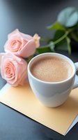Creamy hot chocolate in white ceramic cup with delicate pink roses on yellow paper against dark background, creating romantic morning atmosphere.