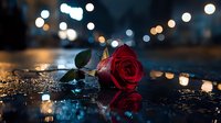 Single red rose lying on wet asphalt street at night with bokeh city lights creating romantic urban atmosphere for Valentine's Day or love concepts.