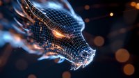 Digital dragon head wireframe glowing with orange light against dark background with bokeh effect, showing detailed mesh structure and technological design.