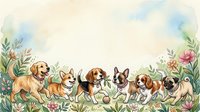 Adorable watercolor puppies and dogs of various breeds sitting together in floral garden border frame for pet lover designs and nursery decor.