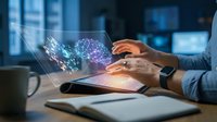 Professional using tablet with holographic brain and network connections displaying artificial intelligence and digital transformation concepts in modern office.