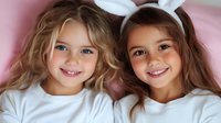 Two cheerful young girls wearing white bunny ears and matching white shirts lying on pink bedding, smiling brightly at camera with natural expressions.
