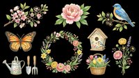 Watercolor spring clipart set with flowers, butterfly, bird, birdhouse, wreath, and garden tools, isolated on transparent background. For stickers, t-shirts, print on demand.
