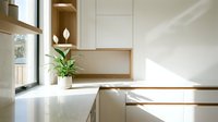 Modern minimalist kitchen with white countertops, wooden shelving, and potted plant near window with natural light for contemporary home design projects.