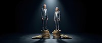 Two business professionals standing on stacks of golden coins in dramatic lighting representing financial success and wealth management concepts.