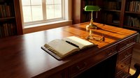 Classic wooden desk with open book and green banker lamp in traditional library study room with bookshelves and warm natural lighting for professional workspace.