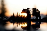 Double exposure silhouette of wild bear and pine forest landscape at sunset, with reflection in calm lake water creating dramatic wilderness scene.