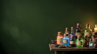Assorted glass bottles with colorful liquids and labels arranged on wooden surface against dark green background with candlelight, suitable for apothecary, potion, alchemy, or vintage pharmacy design projects.